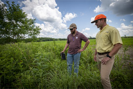 Ryan Mann (left), research associate in the MSU Forest and Wildlife Research Center, demonstrates the software to John Mark Curtis, Quail Forever farm bill biologist, on a farm in north Mississippi. (Photo by David Ammon)